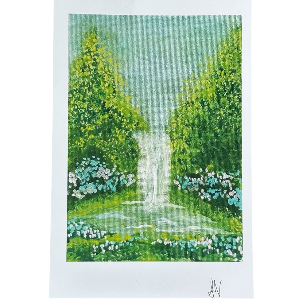 Cottagecore Wall Art Print Forest Flowers Waterfall Green Blue Textured 7" x 5"